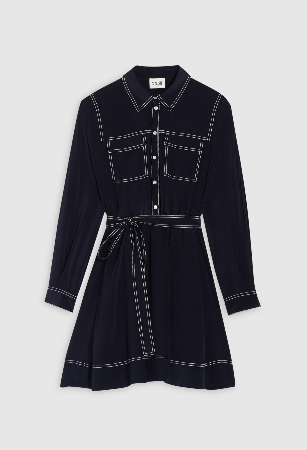 Blue silk long-sleeved short dress
