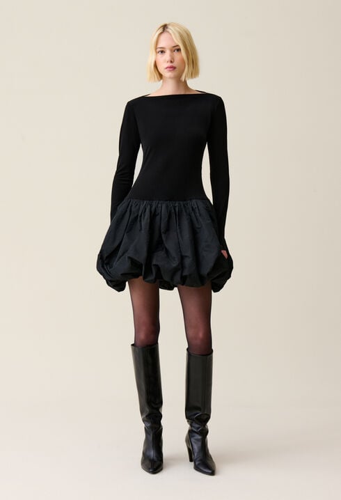 Black mixed-fabric ball-skirt dress