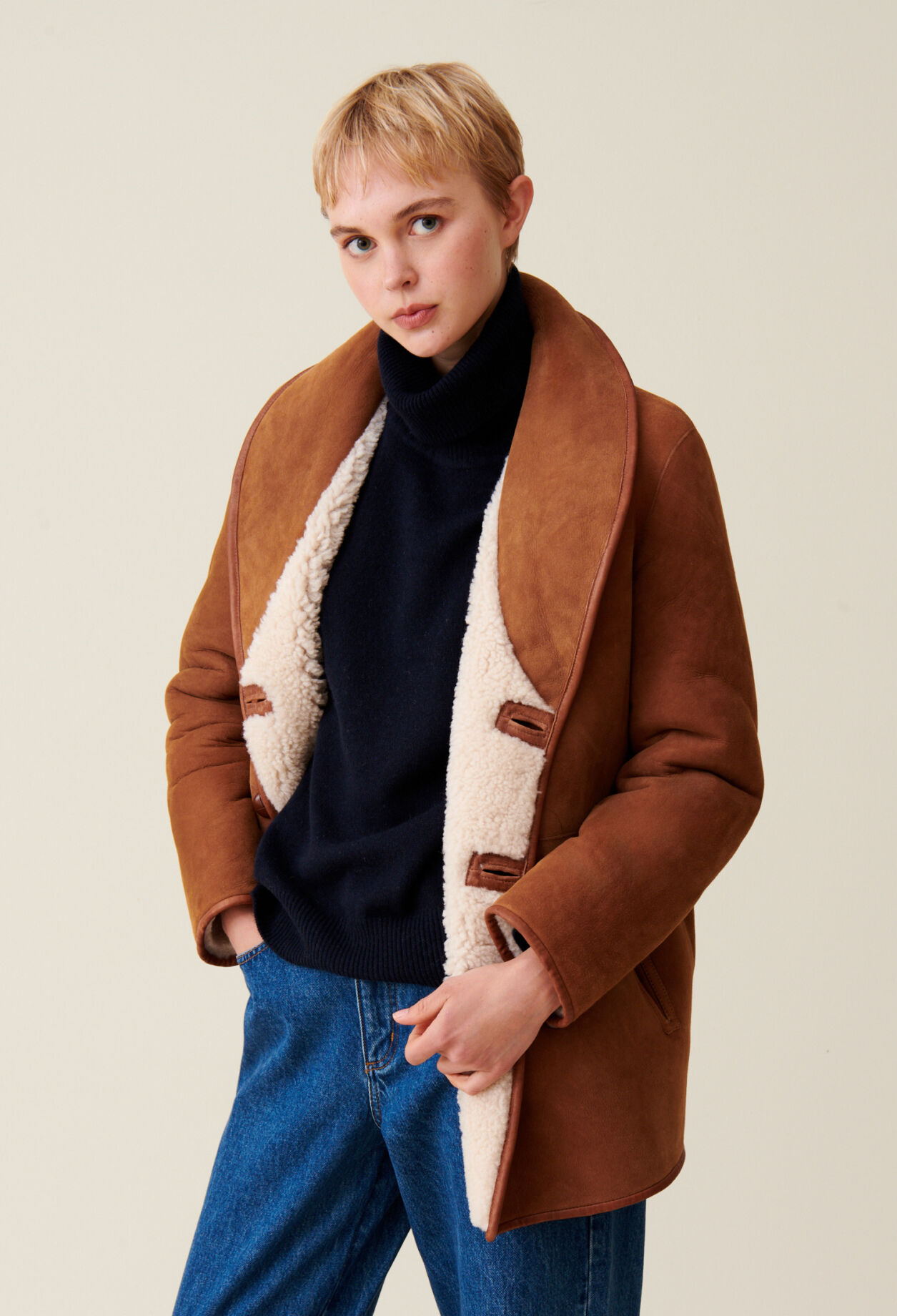 Reversible ecru wool coat