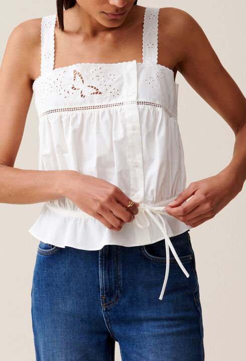 Square-neck embroidered ecru top