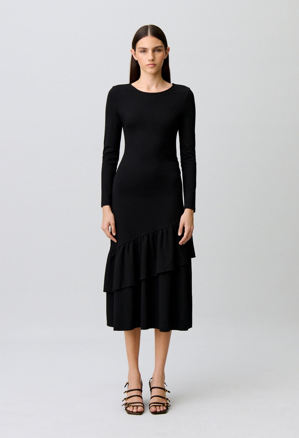 Asymmetric ruffled jersey dress