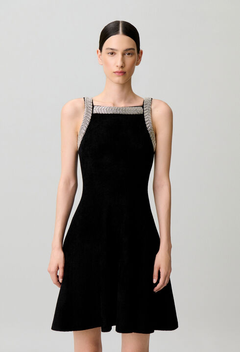 Flared beaded velvet knit dress