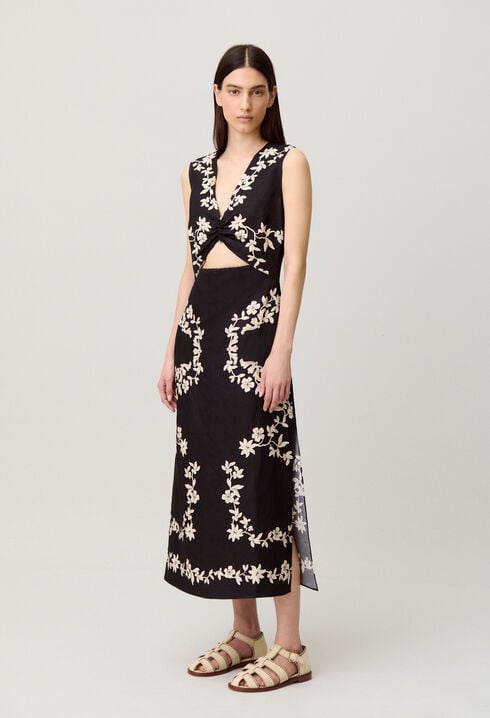 Long black embroidered dress