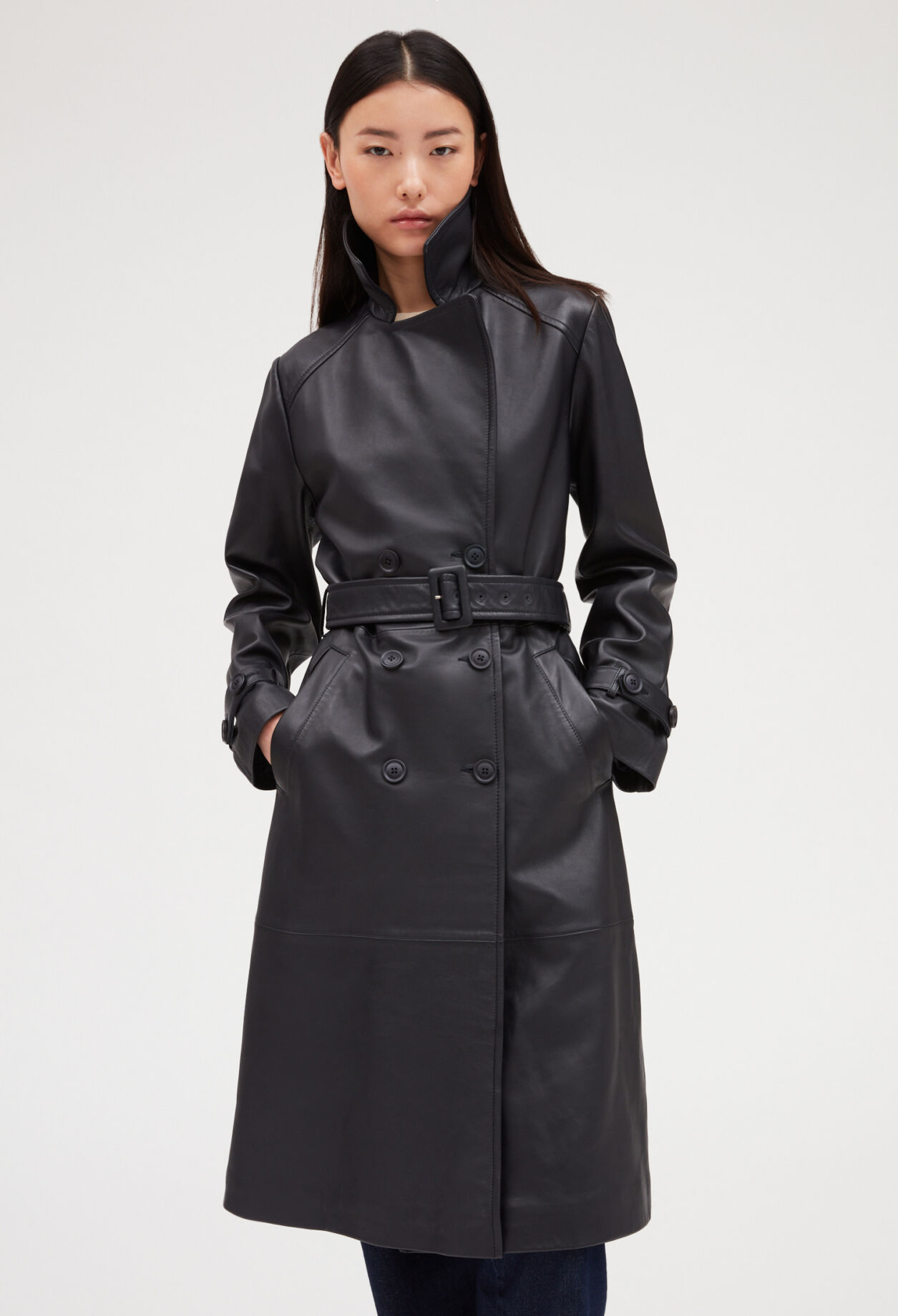 Smooth leather navy trench coat
