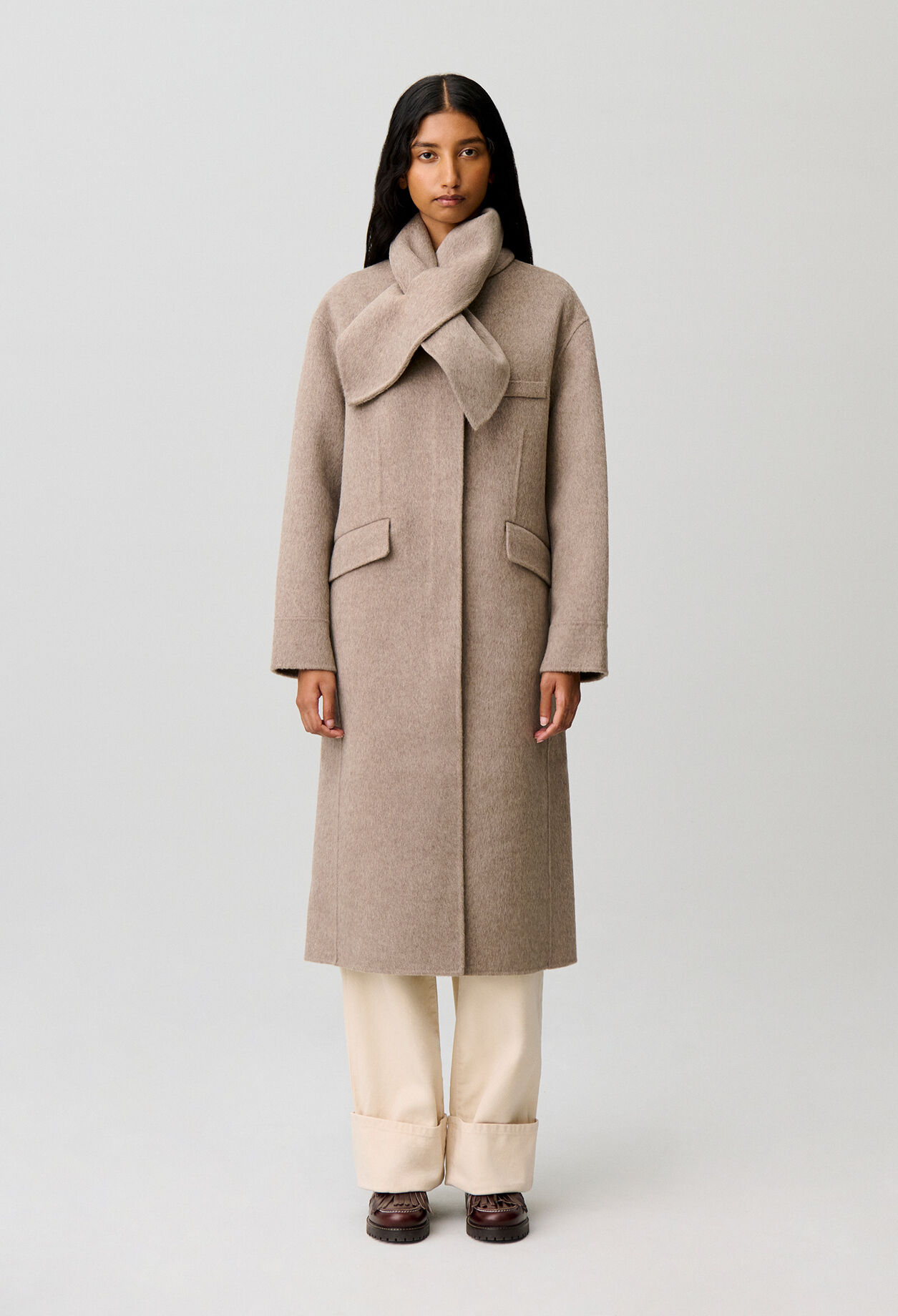 Long wool scarf collar coat
