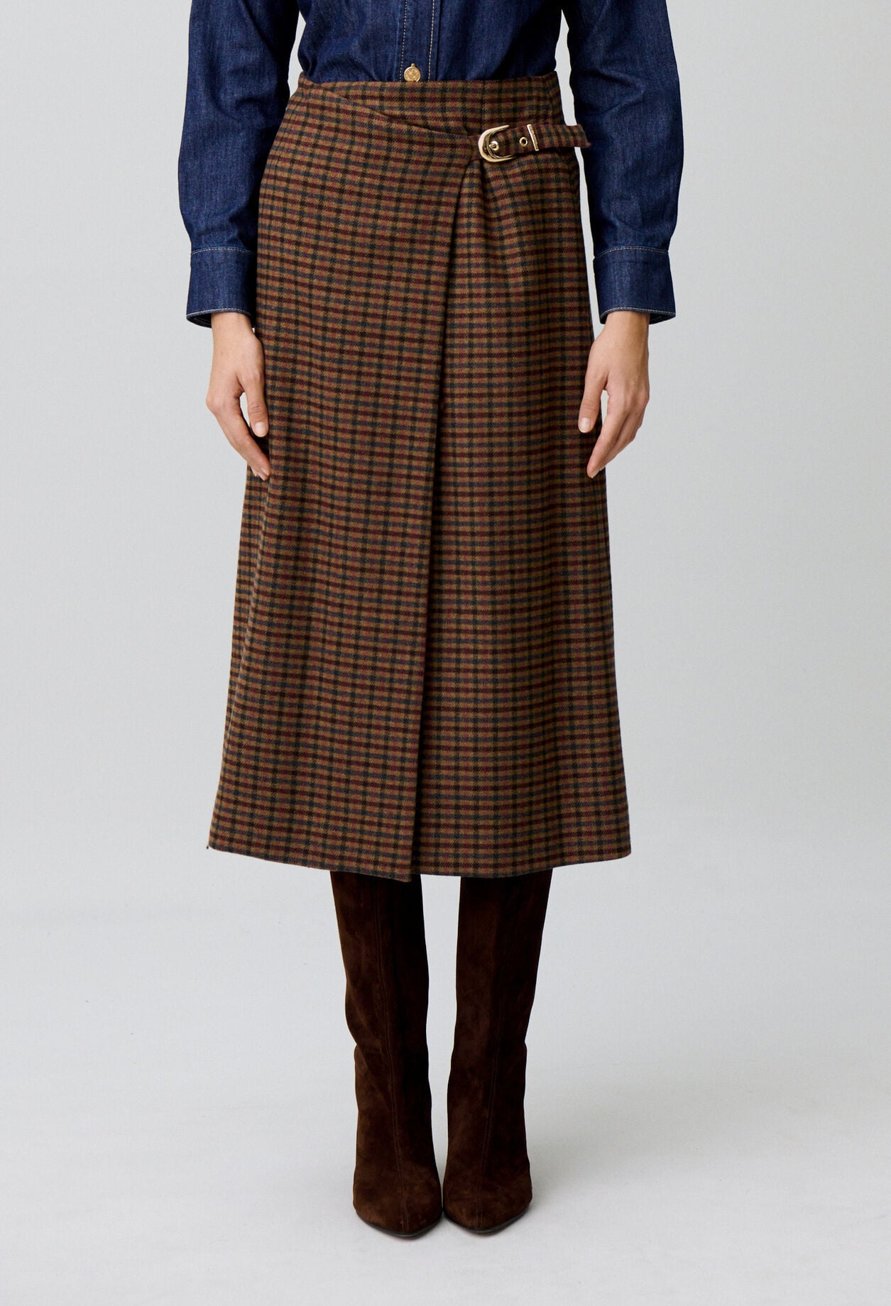 Straight check wool blend skirt