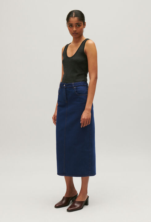 Blue denim midi skirt