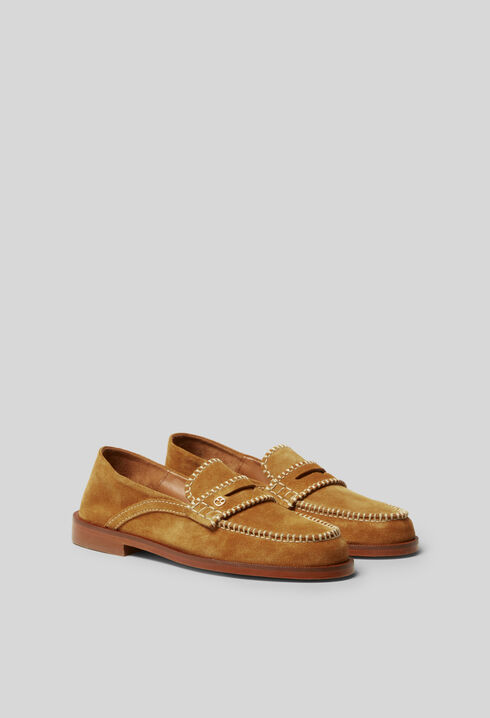 Suede mules with gold monogram