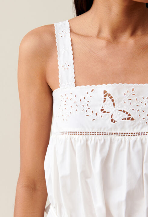 Square-neck embroidered ecru top