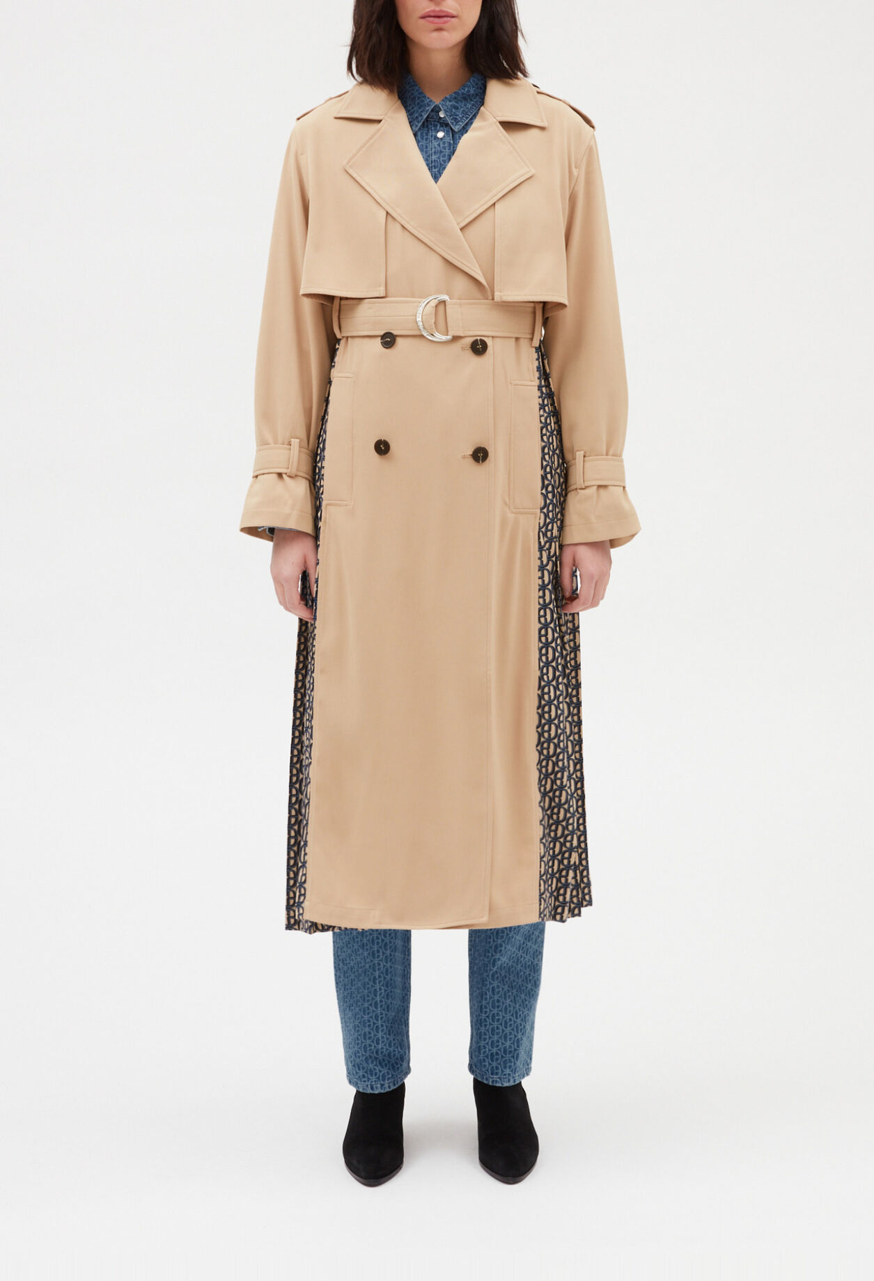 Monogrammed beige mid-length trench coat