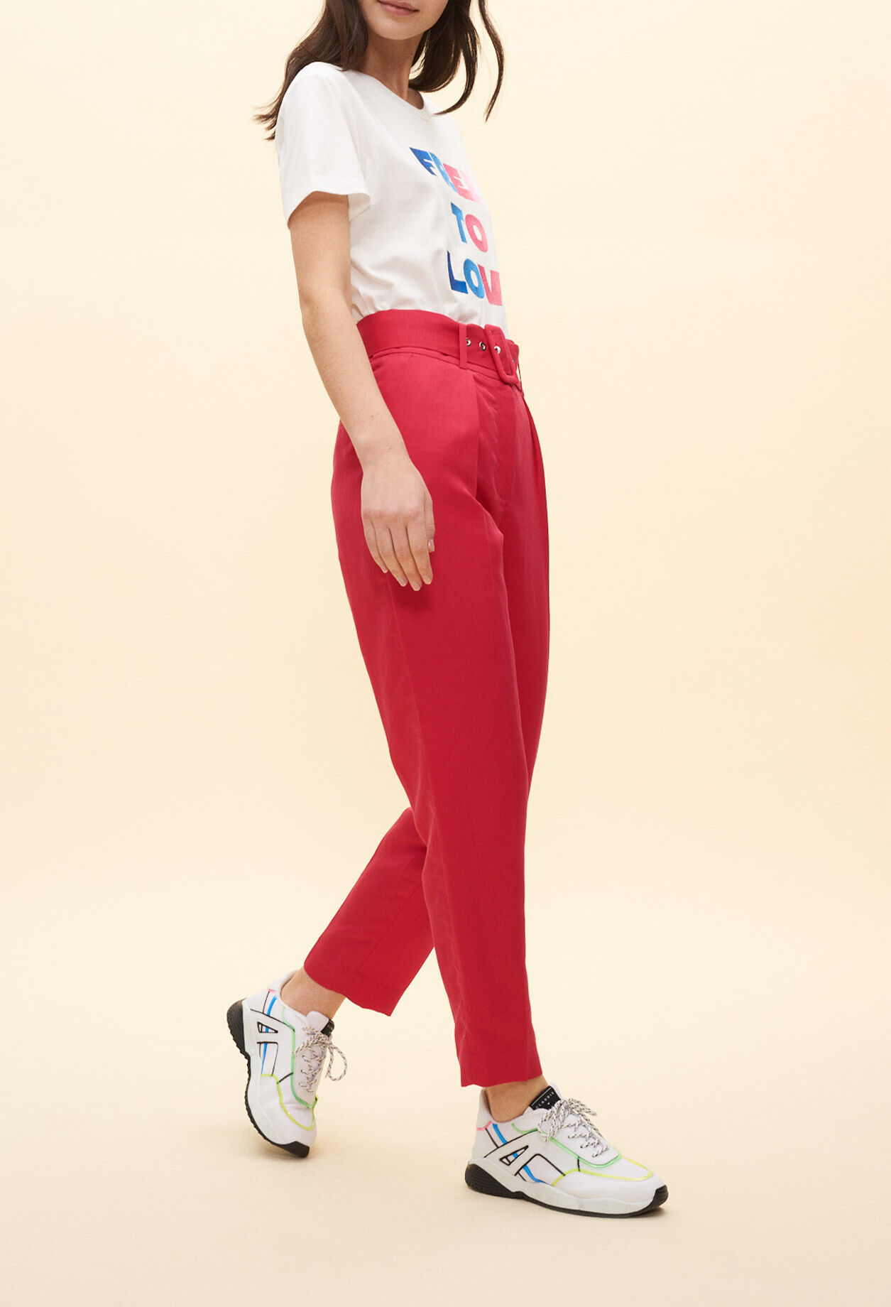 Fuchsia tailored-fit belted trousers