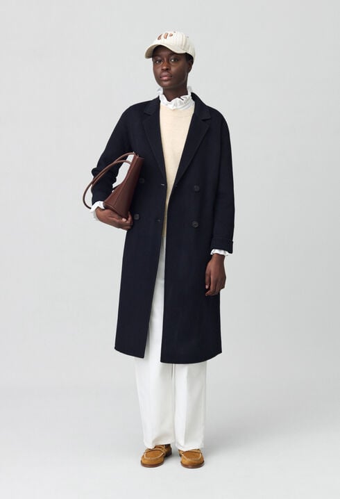 Navy blue mid-length wool coat