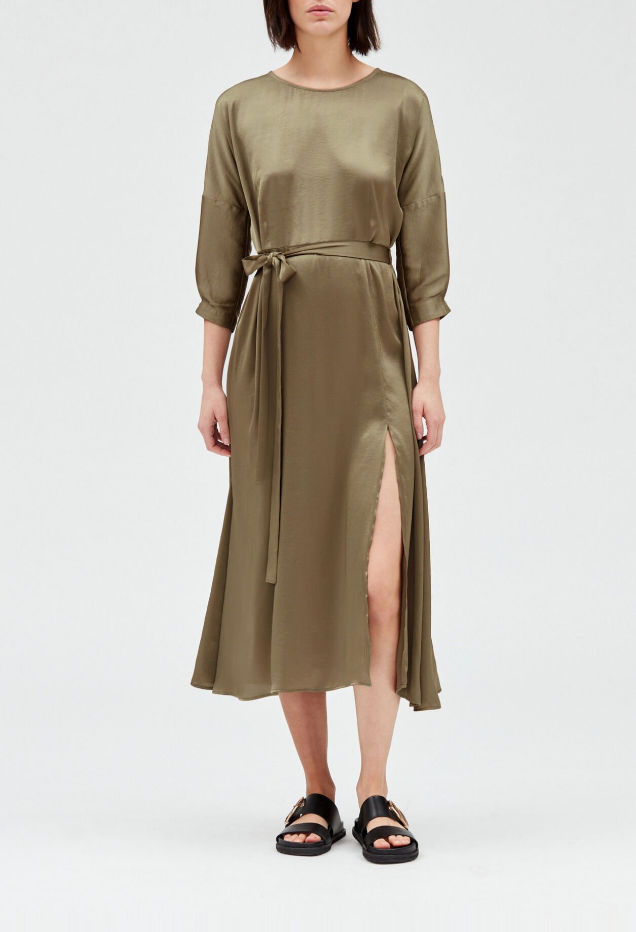 Satiny khaki midi dress