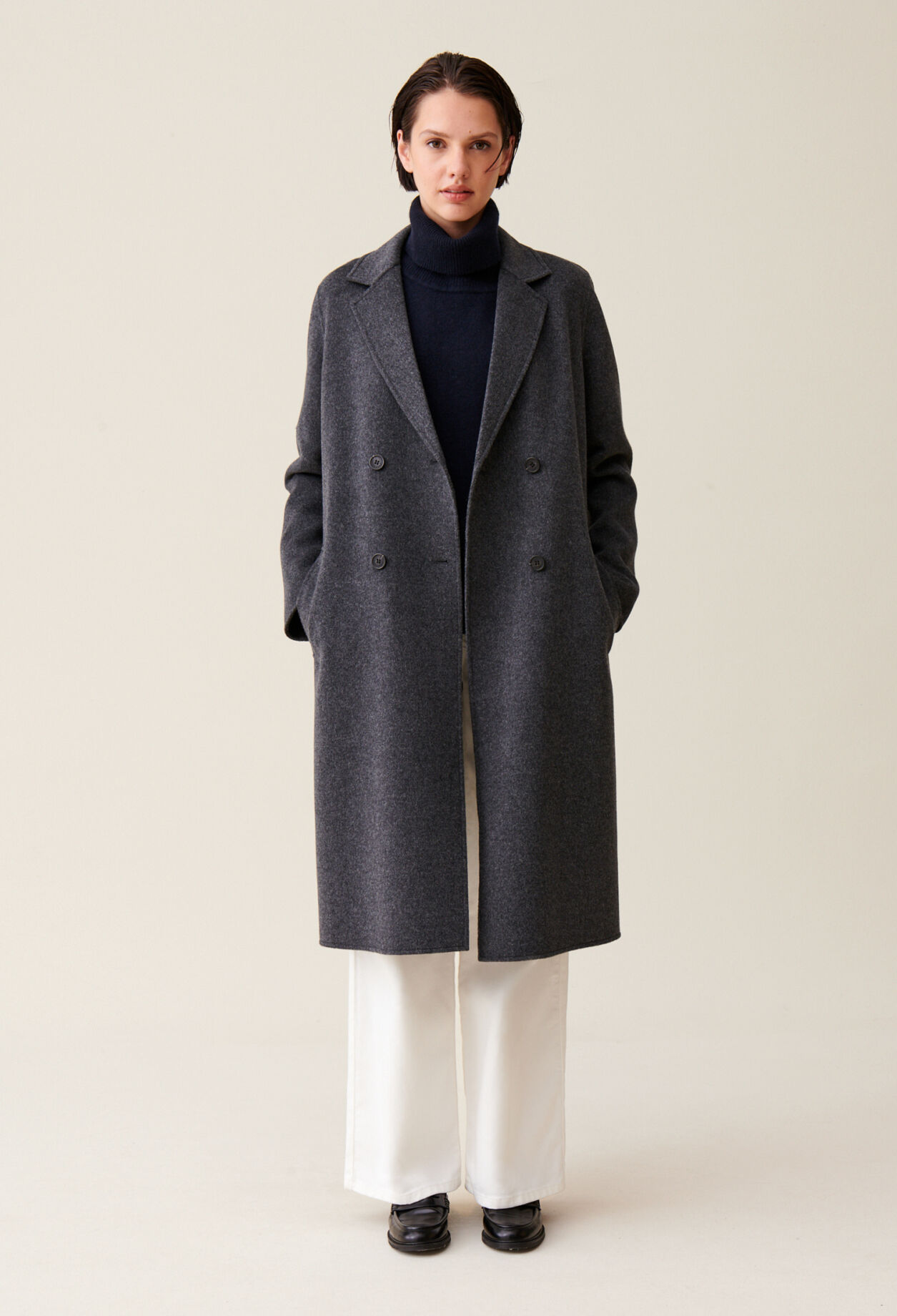 Flecked grey double-sided wool coat