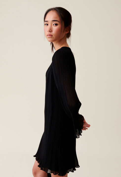 Pleated Short Dress, Long Sleeves