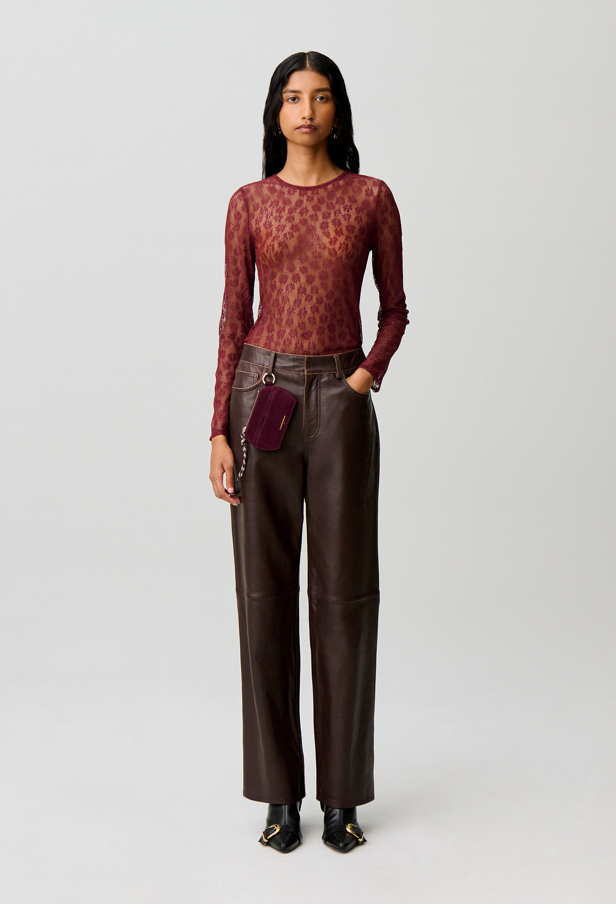 Fitted long-sleeved lace T-shirt - Woman - Burgundy - Claudie Pierlot