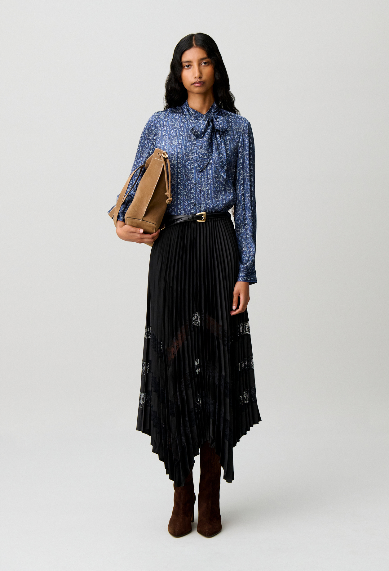 Pleated satin and lace skirt - Woman - Black - Claudie Pierlot