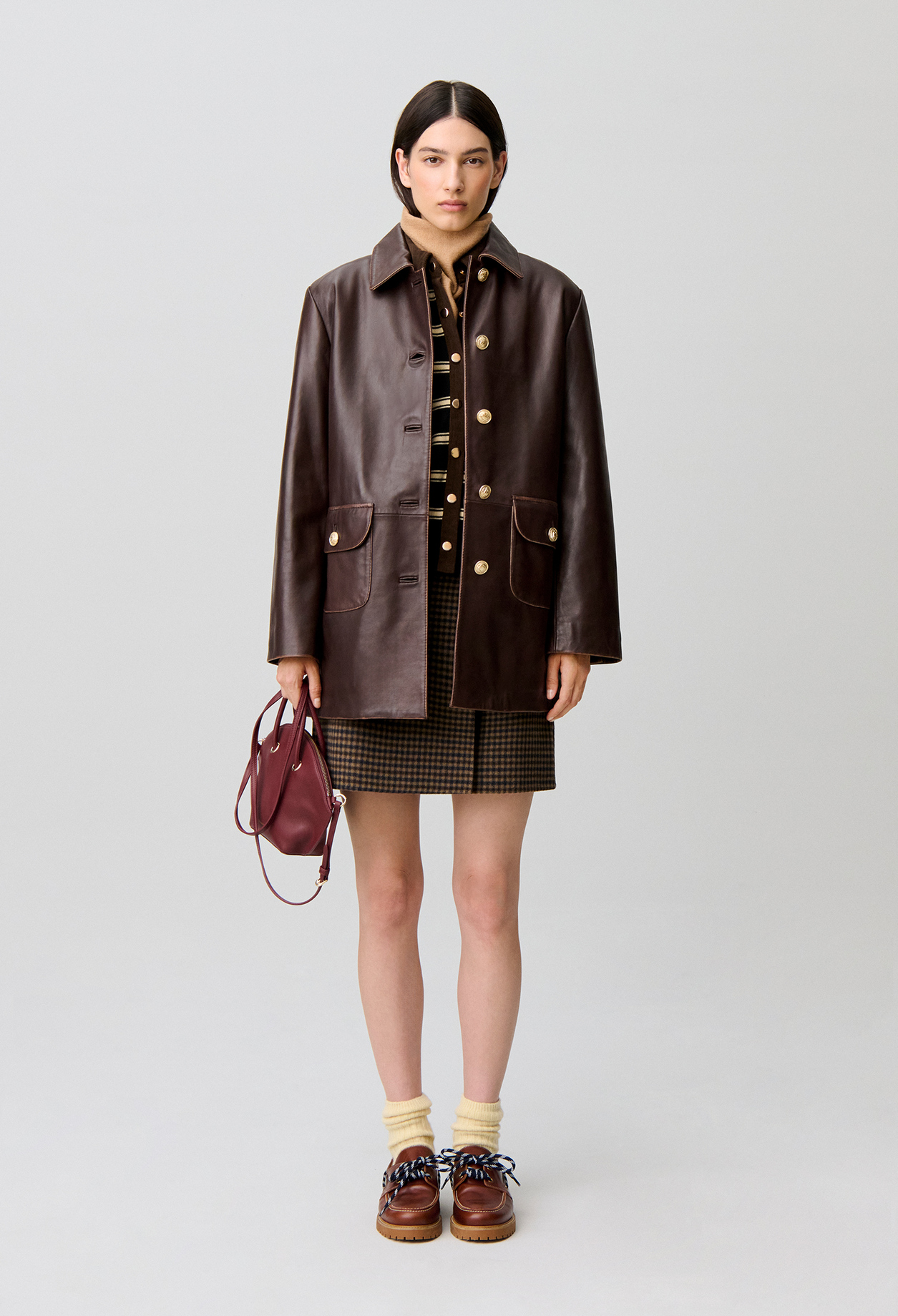 Mid-length straight leather jacket - Woman - Brown - Claudie Pierlot