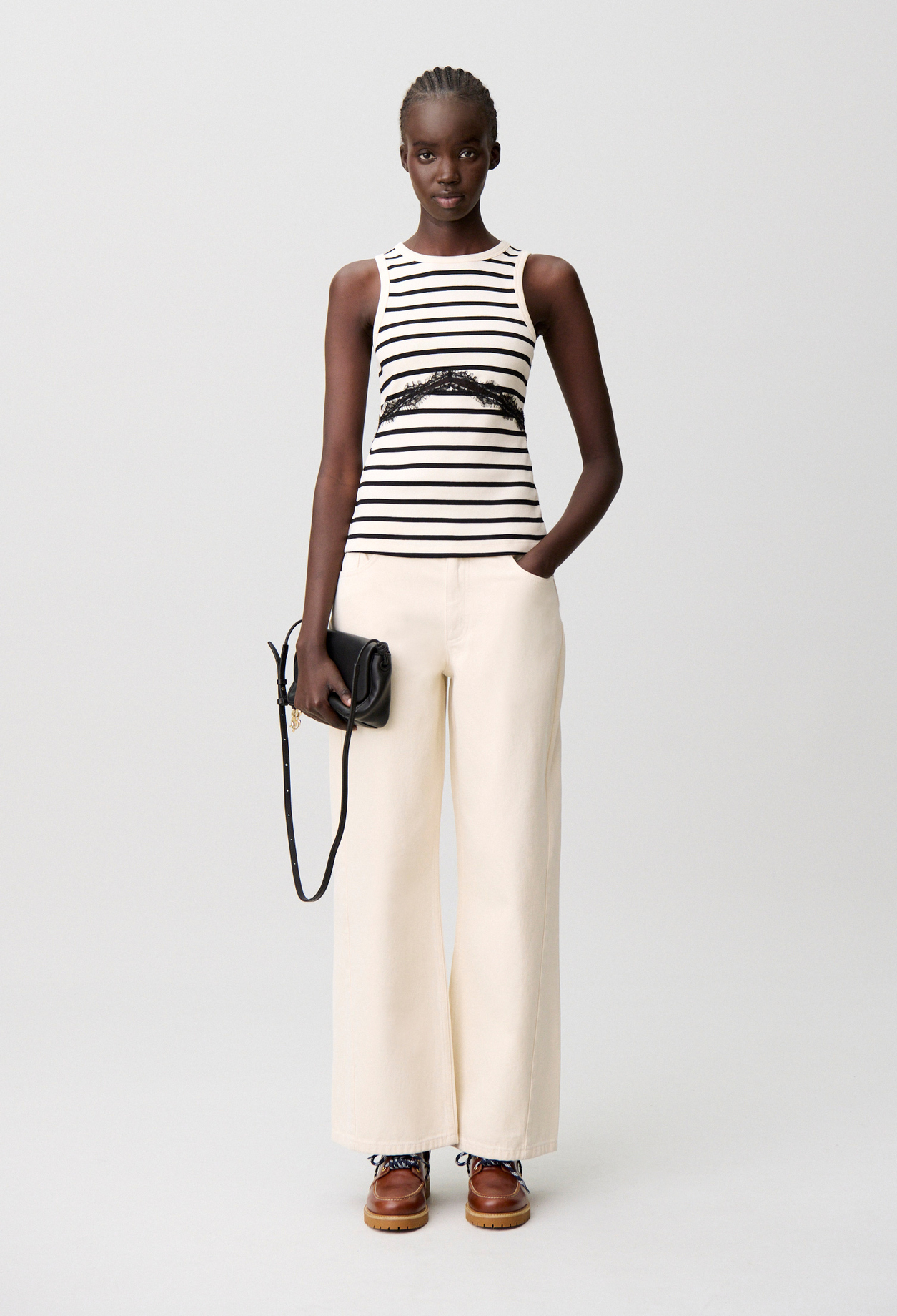 Breton stripe lace cotton T-shirt - Woman - Dual-color - Claudie Pierlot