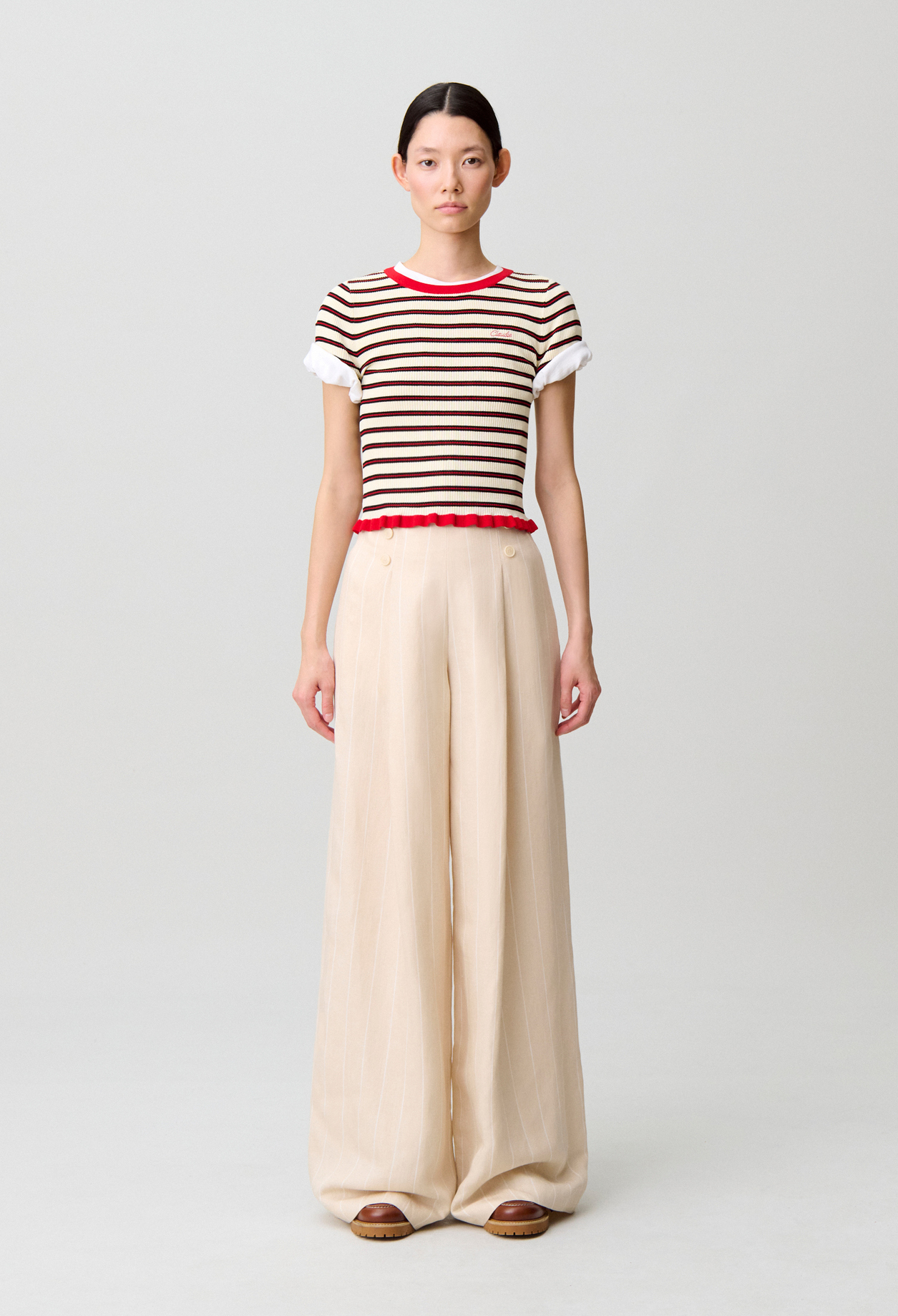 Wide tailored linen-blend trousers - Woman - Sand - Claudie Pierlot