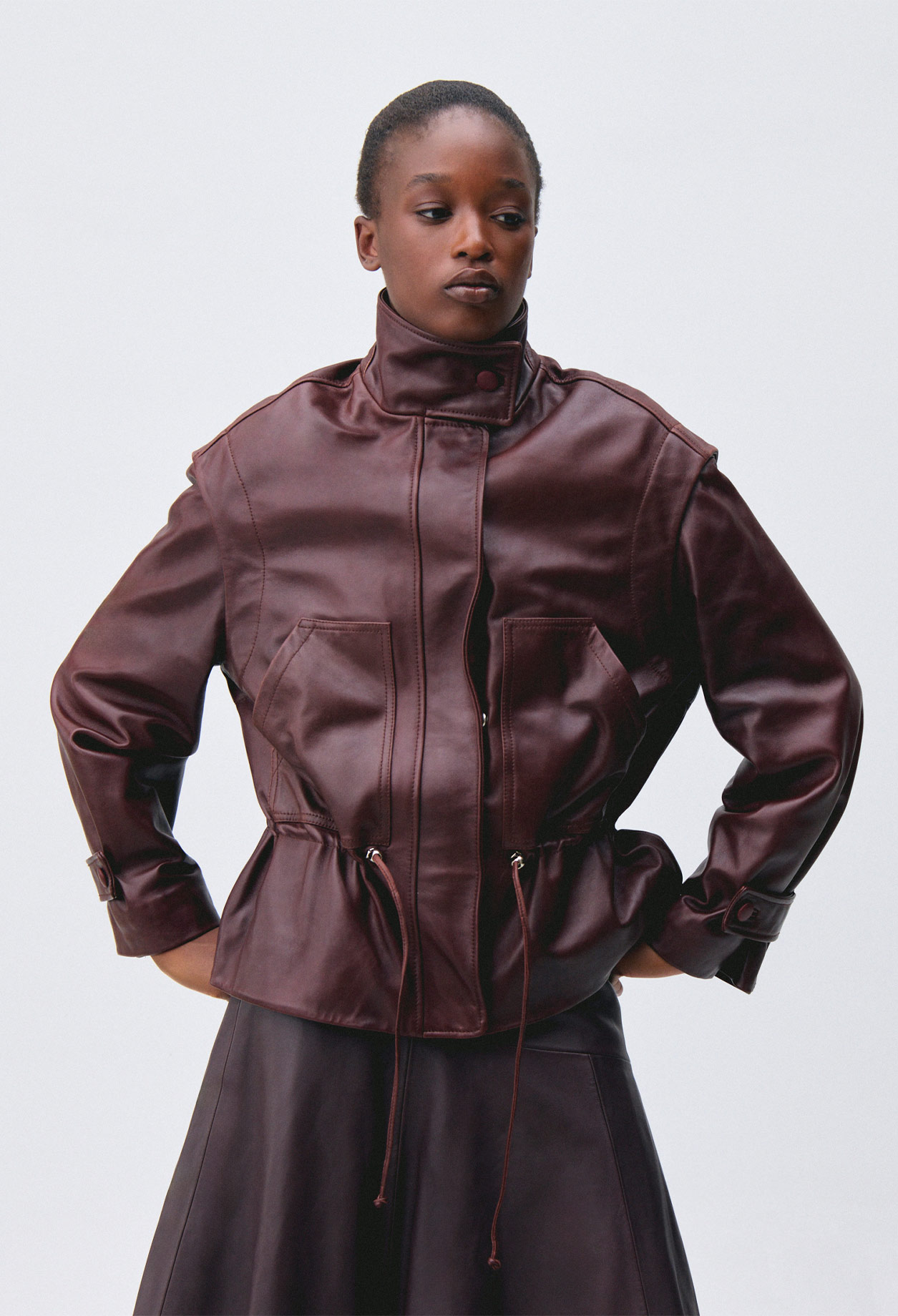 Wide-cut leather jacket - Woman - Dark burgundy - Claudie Pierlot