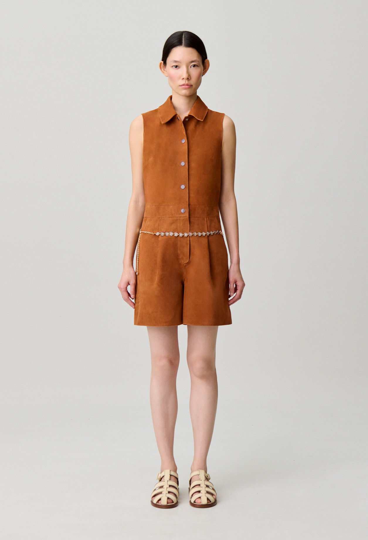 Sleeveless leather jumpsuit - Woman - Camel - Claudie Pierlot